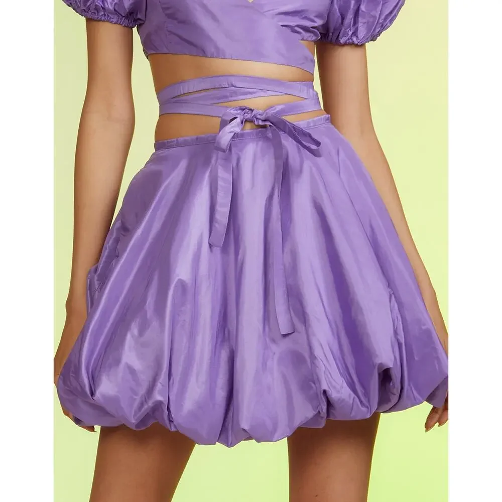 Cynthia Rowley Luna Taffeta Smocked Wrap Tie Top & Bubble Skirt in Purple